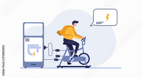 Man Cycling on Stationary Bike Generating Electricity, Conceptual Illustration