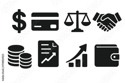 Finance silhouette icon set. featuring dollar, credit card, scales, handshake, coins, document, graph, and wallet symbols