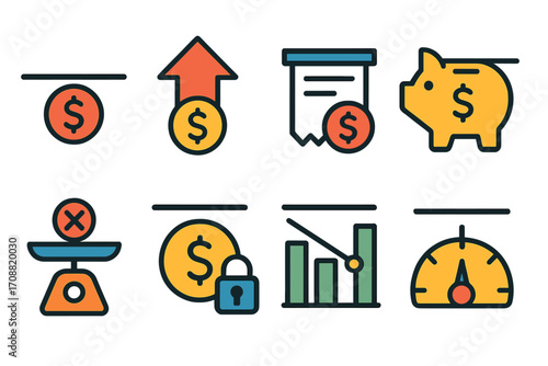 Finance flat icon set. featuring coins, arrows, receipts, piggy bank, scale, lock, chart, speedometer