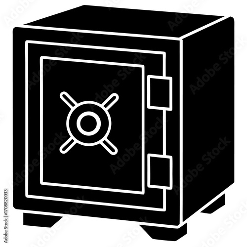 A simple black and white graphic illustration of a secure metal safe with a circular dial and handle