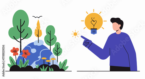 Abstract Illustration of a Person Pointing at a Lightbulb, Idea Concept.