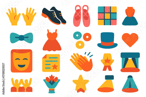 Theater arts flat icon set. featuring classic masks, curtains, stage props, applause, heart, and magic hat symbols