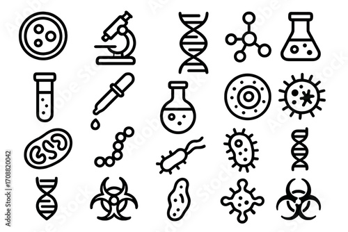 Science and research linear icon set. featuring dna, microscope, bacteria, cells, and laboratory flask symbols.