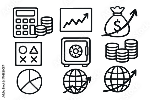 Finance linear icon set. featuring calculator, graph, money bag, vault, pie chart, globe symbols