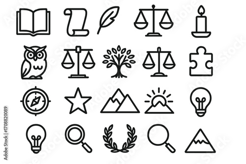 Law and nature linear icon set. featuring book, document, scale, candle, owl, tree, puzzle, compass, star, mountains, sunrise, bulb, magnifying glass, laurel