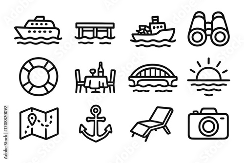 Vacation and travel linear icon set. featuring cruise, pier, ship, binoculars, lifebuoy, dining, bridge, sunset, map, anchor, lounger, camera
