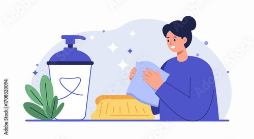 Smiling Woman Cleaning with Cloth and Brush, Flat Illustration