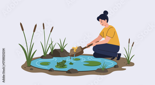 Woman Cleaning Pond with Wooden Scoop, Cartoon Illustration Style