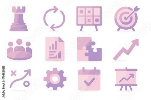 Business strategy silhouette icon set. featuring chess, cycle, tic-tac-toe, target, team, chart, puzzle, growth