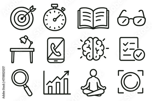 Productivity and focus linear icon set. featuring target, stopwatch, book, glasses, desk, phone, brain, checklist