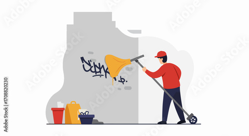 Person Cleaning Graffiti from Wall with Specialized Cleaning Tool