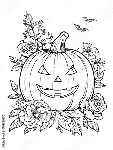 Halloween Pumpkin Decoration Coloring page: A grinning jack-o'-lantern is nestled amongst delicate roses