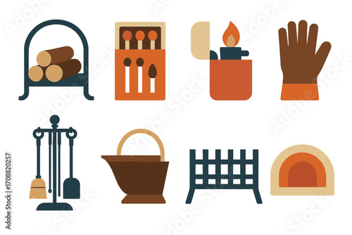 Fireplace tools flat icon set. featuring log holder, matchbox, lighter, gloves, tongs, bellows, grate, and fire