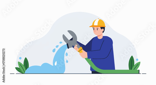 Plumber Holding Wrench and Hose, Water Flowing, Cartoon Illustration.
