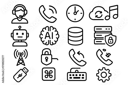 Technology linear icons set. featuring headset, phone, clock, cloud sync, music, ai, robot, database, security, and network
