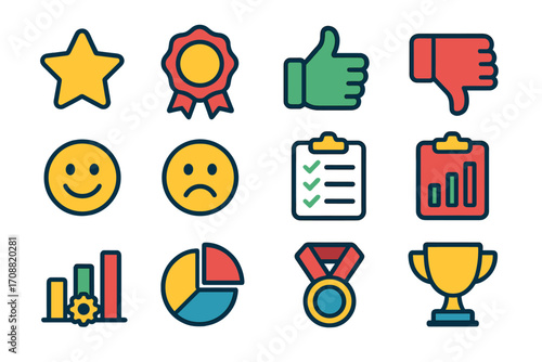 Business and success flat icons set. featuring star, badge, thumbs up, thumbs down, smile, frown, checklist, chart, graph, medal, trophy