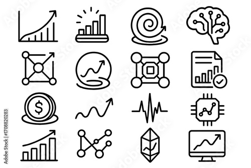 Business and analytics linear icon set. featuring chart, growth, strategy, innovation, brain, and analysis symbols