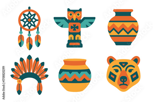 Native american flat icon set. featuring dreamcatcher, totem, pottery, headdress, and bear symbols