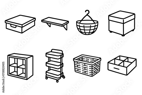 Storage solutions silhouette icon set. featuring box, shelf, basket, ottoman, cube, trolley symbols