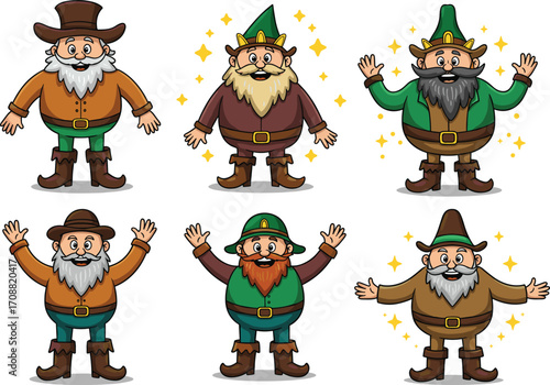 Cartoon dwarf gnome characters, fantasy bearded men, colorful hats, smiling poses, vector illustration, fairytale style, isolated, stock art, clipart design