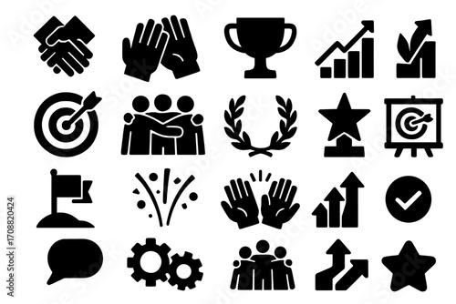 Business success silhouette icon set. featuring handshake, teamwork, trophy, growth, and target symbols