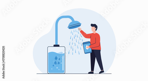 Man Testing Shower Water Flow with Tablet, Flat Illustration