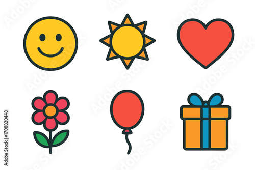 Celebration flat icon set. featuring smiley, sun, heart, flower, balloon, and gift symbols
