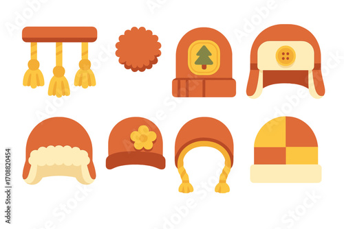 Winter hats flat icon set. featuring beanie, trapper, pom-pom, bobble, beret, earmuffs, and snood symbols