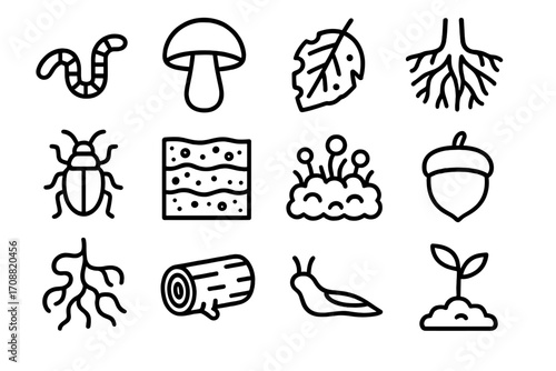 Nature and gardening linear icon set. featuring worm, mushroom, leaf, roots, beetle, soil, acorn, log, slug, sprout
