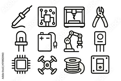 Electronics linear icon set. featuring soldering iron, microchip, 3d printer, pliers, capacitor, battery, robot arm, transistor, drone, coil