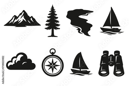 Nature exploration silhouette icon set. featuring mountain, tree, river, sailboat, cloud, compass, binoculars