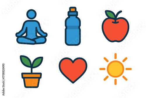 Wellness lifestyle silhouette icon set. featuring meditation, water bottle, apple, plant, heart, and sun.