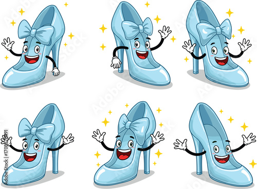 Cartoon blue high heel shoe character with bow, cute fashion footwear mascot, happy expressions, vector illustration, isolated, commercial use