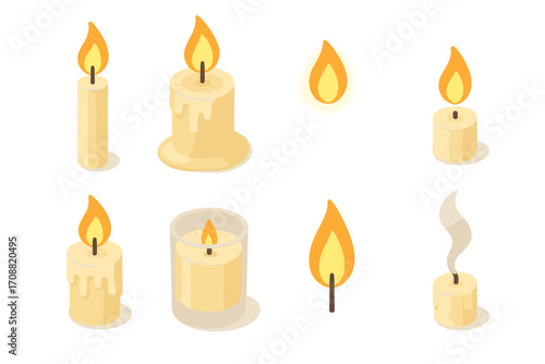 Candles flat icon set. featuring pillar, wax, flame, tea light, votive, smoke, and burnt icons
