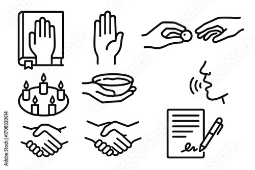Religion linear icons set. featuring bible, prayer, donation, candle, blessing, speech, and handshake symbols