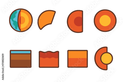 Geological structure flat icon set. featuring earth core, rock layers, stratification, sections, and cross-sections symbols
