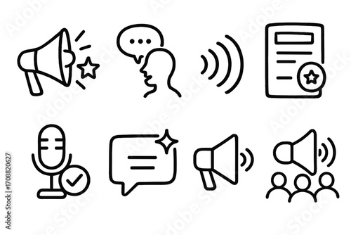Communication silhouette icon set. featuring megaphone, chat, microphone, message, sound, network symbols