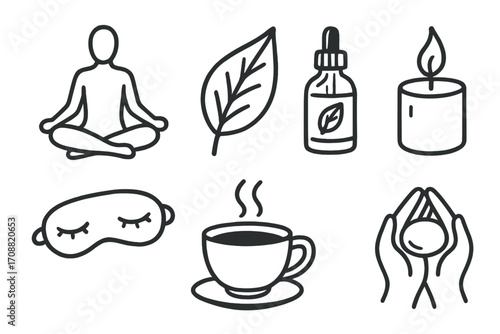 Wellness and relaxation linear icon set. featuring yoga, leaf, essential oil, candle, sleep mask, tea, and meditation