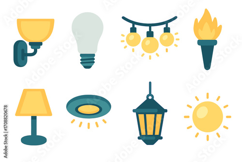 Lighting silhouette icon set. featuring bulb, lamp, lantern, sconce, torch, spotlight, chandelier, sun