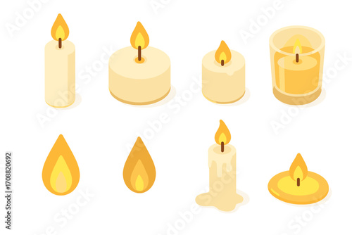 Candle linear icon set. featuring tea light, pillar, votive, dripping wax, flame, and floating candle icons