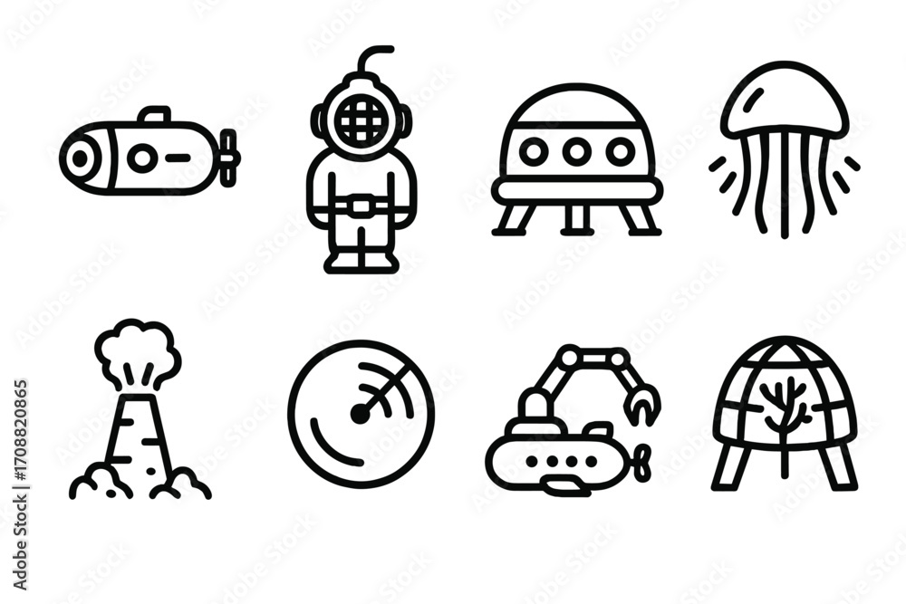 Fototapeta premium Underwater exploration silhouette icon set. featuring submarine, diver, ufo, jellyfish, volcano, sonar, robot, igloo symbols