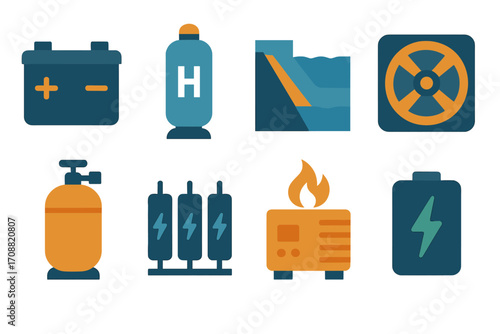 Energy sources silhouette icon set. featuring battery, hydrogen, hydro, nuclear, solar, wind, and gas symbols