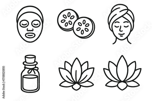 Spa and wellness linear icon set. featuring face mask, cucumber, head wrap, oil bottle, lotus flower icons
