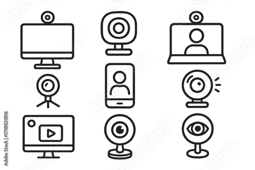 Webcam technology linear icon set. featuring monitor, smartphone, video call, eye, and recording symbols
