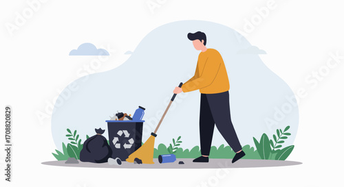 Person Sweeping Trash with Broom Near Recycling Bin, Environmental Concept