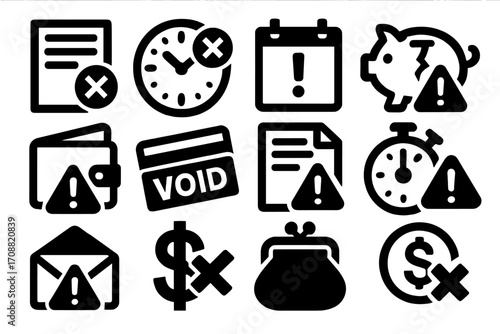 Finance alert silhouette icons set. featuring document, clock, calendar, piggy bank, wallet, credit card, envelope, dollar sign, purse, timer