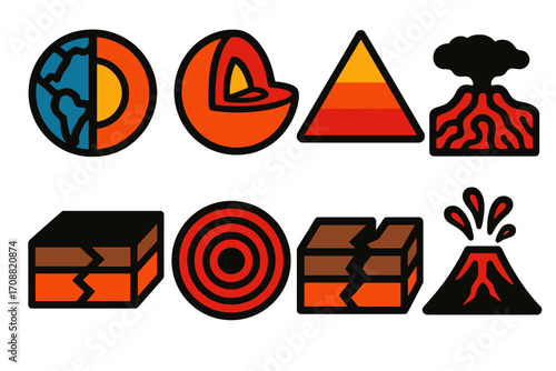 Geology flat icon set. featuring earth layers, volcanoes, tectonic plates, earthquake symbols