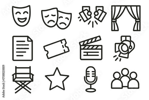 Theater linear icon set. featuring comedy, tragedy, tickets, clapperboard, stage, script, and microphone symbols
