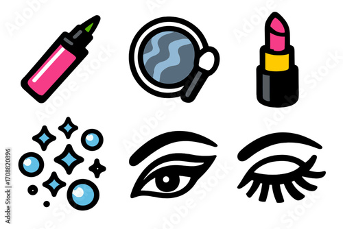 Beauty and makeup flat icons set. featuring lipstick, mirror, eyeliner, eyeshadow, and sparkle symbols
