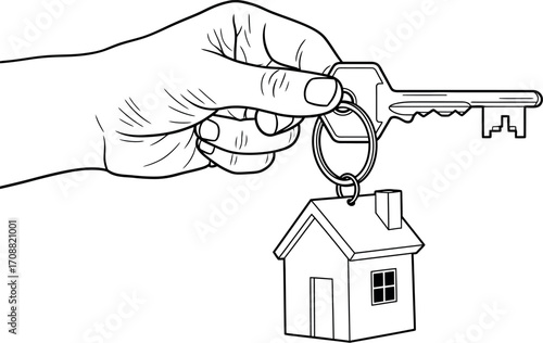 Hand holding a key with a house-shaped charm, symbolizing home ownership and new beginnings.
